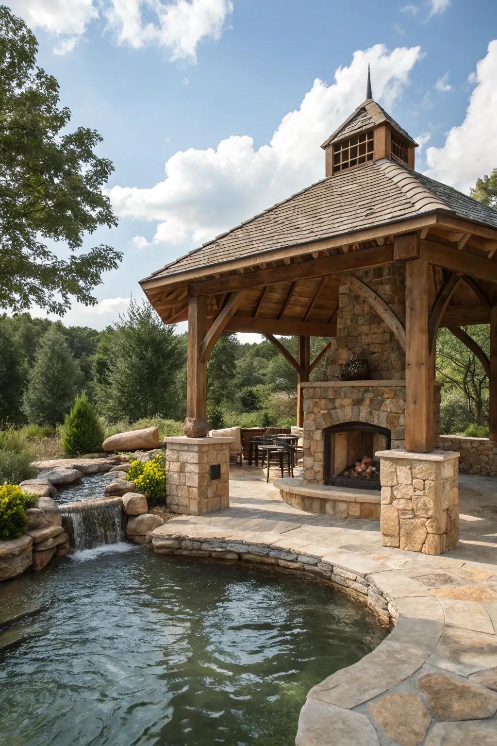 Water features add a serene element to rustic pavilions.