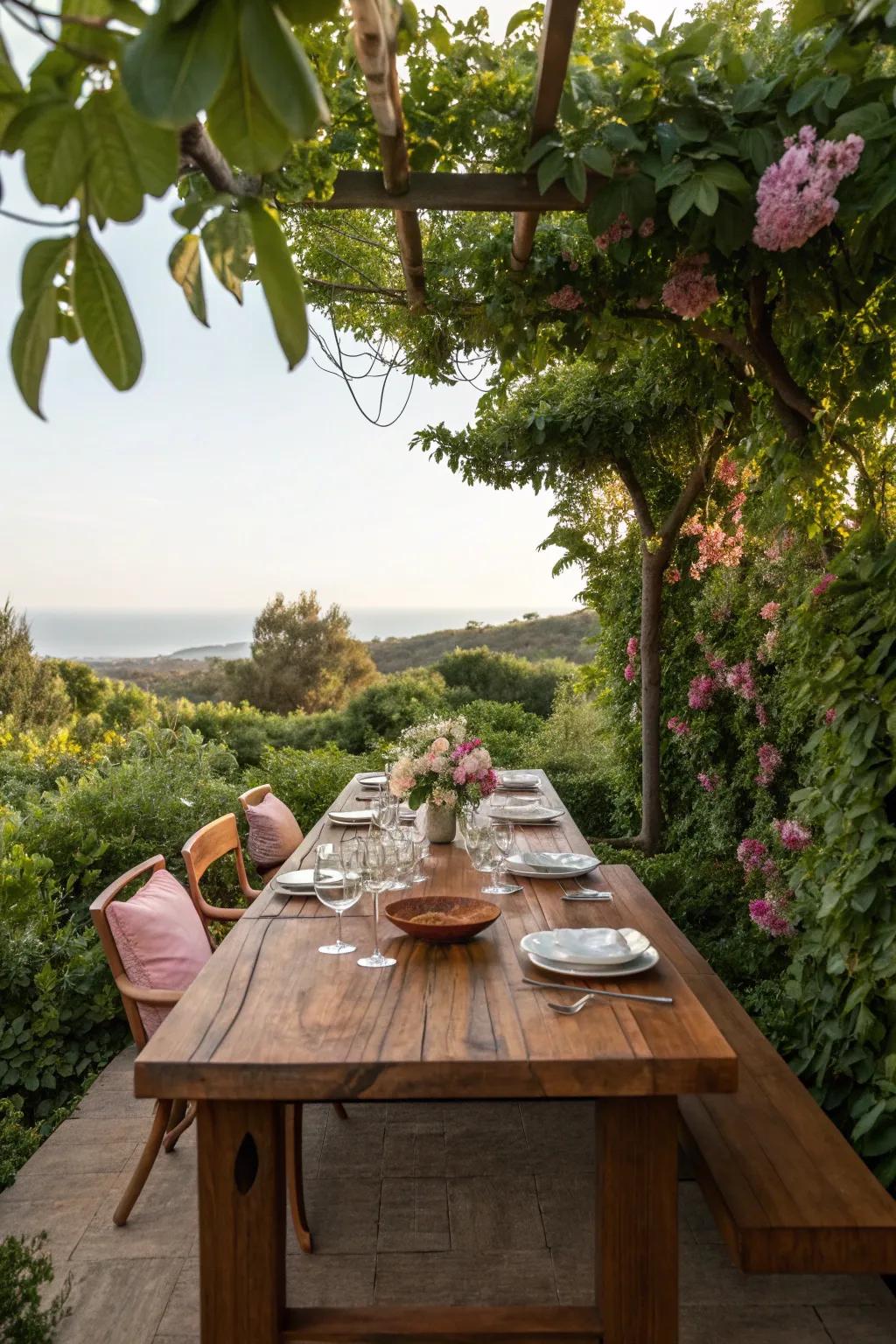 A stunning cedar wood table that combines elegance with durability for outdoor use.
