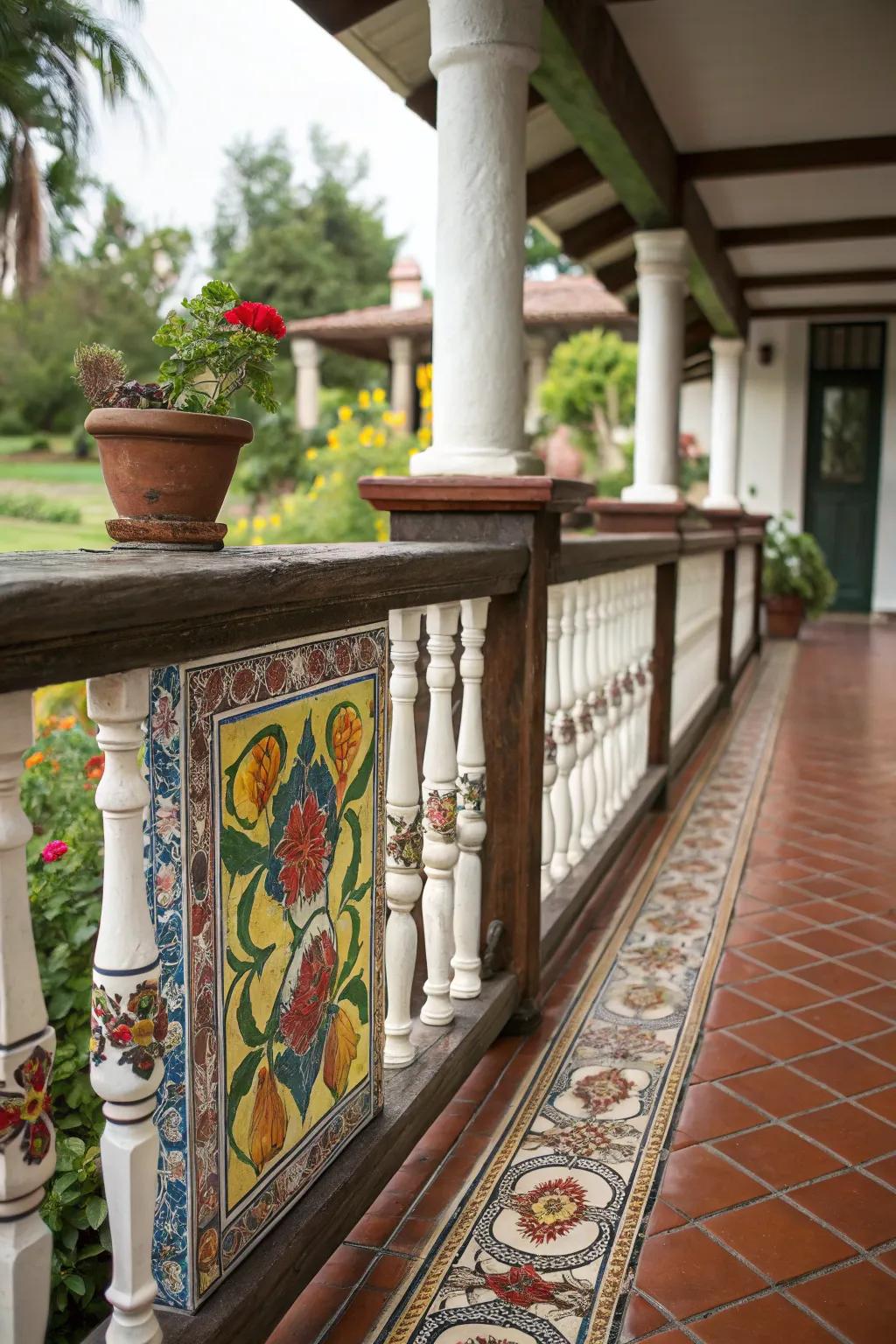 Rustic ceramic tiles add a colorful twist to railings.