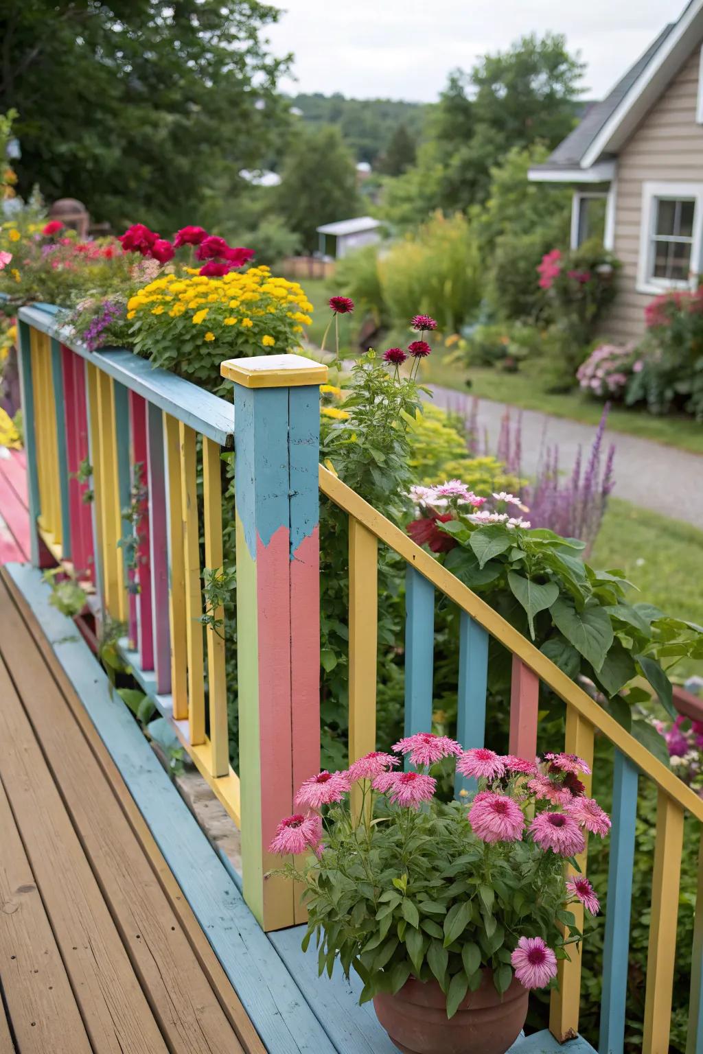 Colorful painted wooden railings add personality and charm to your deck.