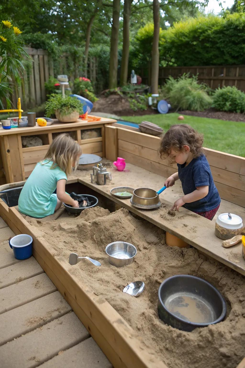 A combined sand pit and mud kitchen play area.