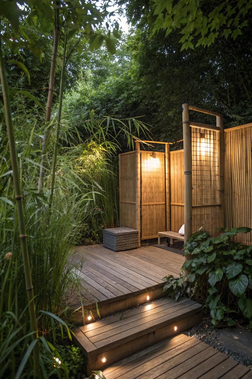 Natural privacy screens make your sauna deck feel like a hidden gem.