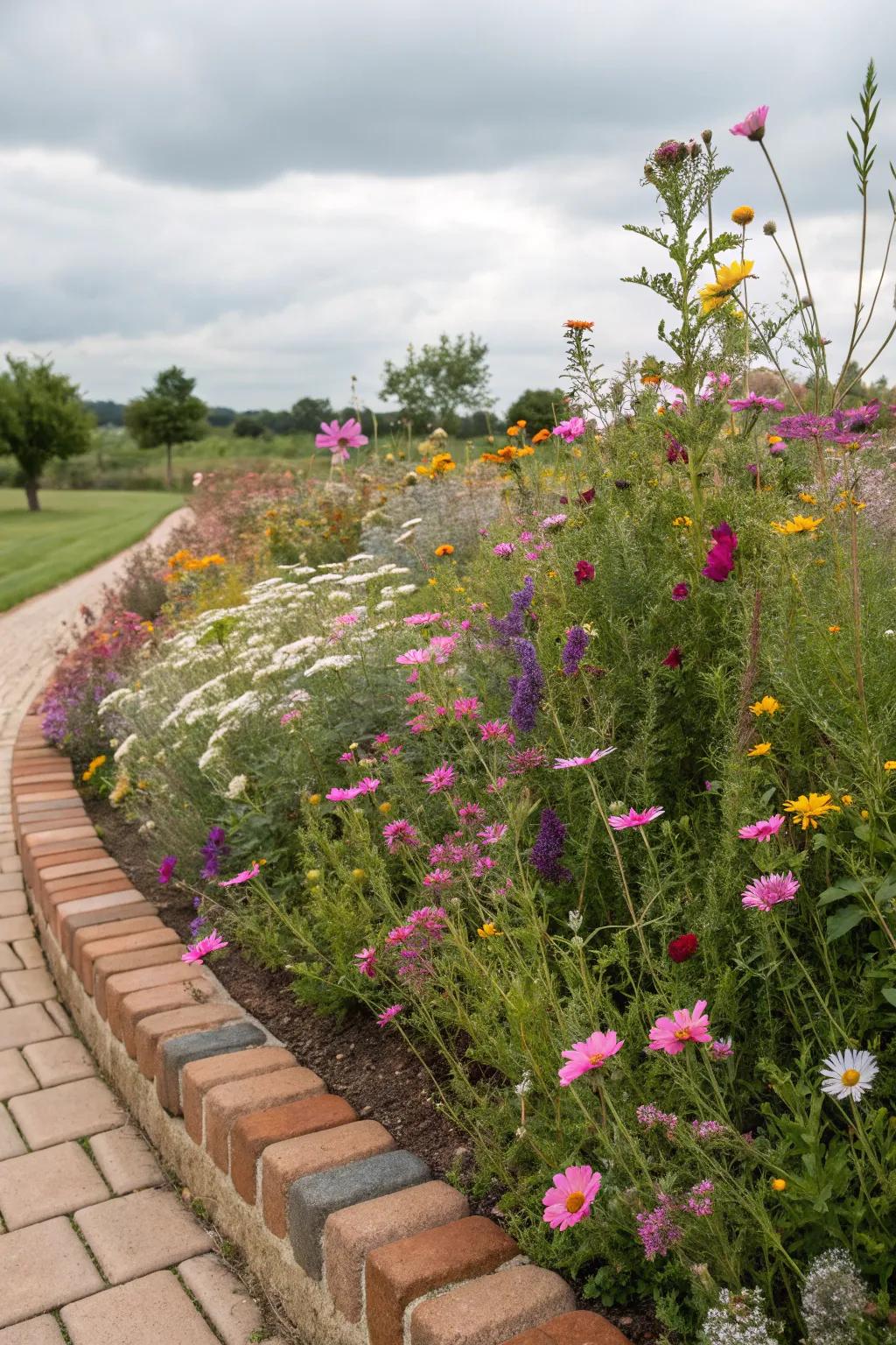 Wildflower garden bordered by scalloped bricks.