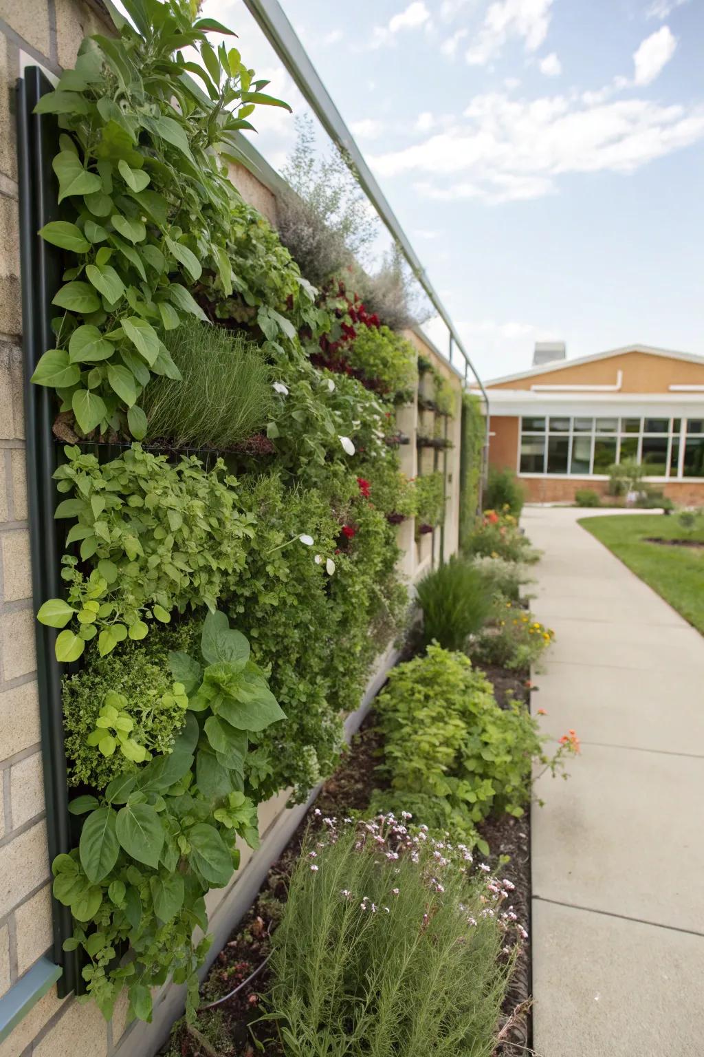 A lush vertical garden wall, maximizing space and adding greenery to the school environment.
