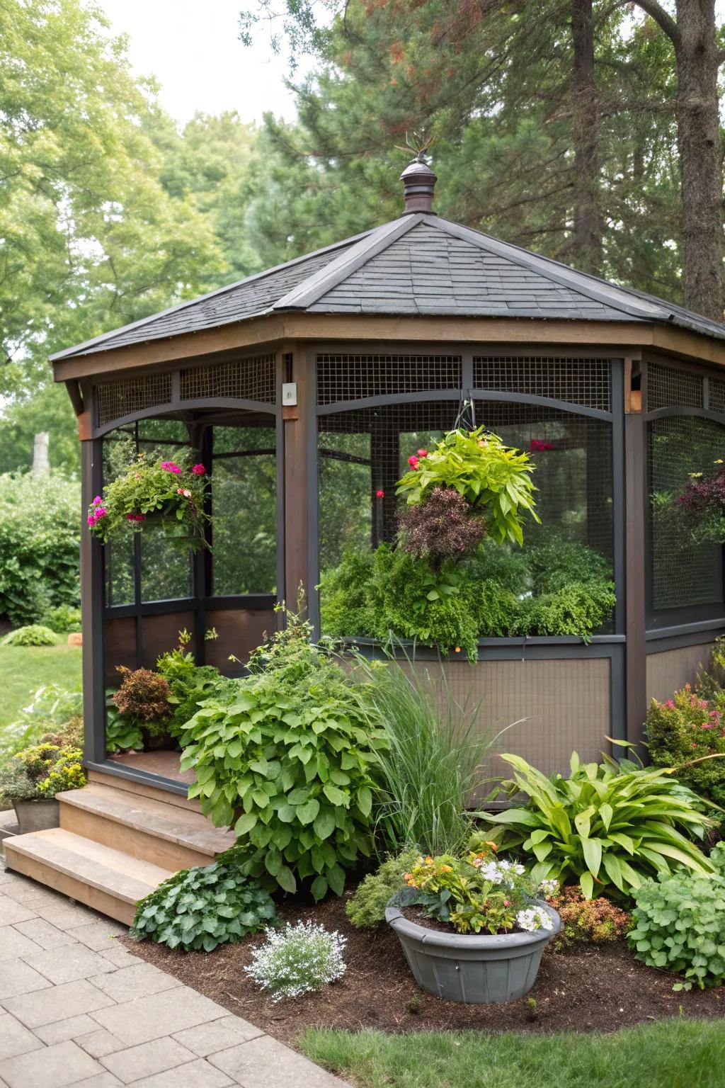 A gazebo that harmonizes with nature through built-in planters.