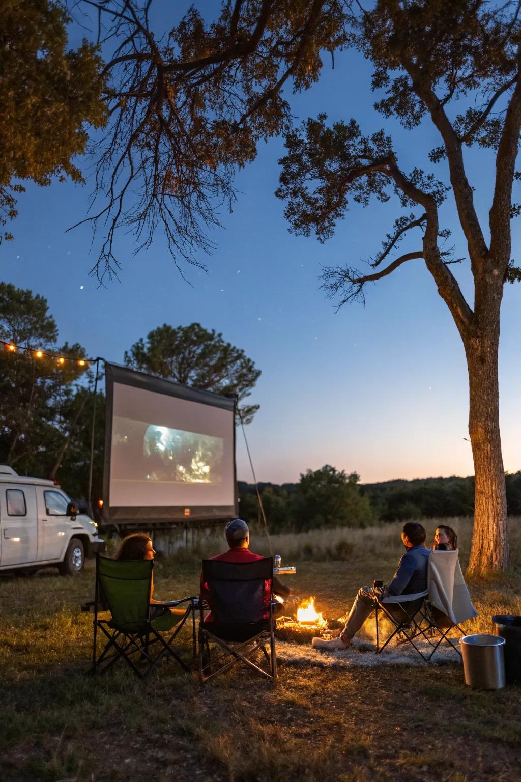 A cozy outdoor movie night setup at a campsite.