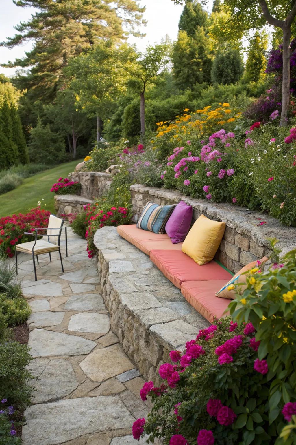 Colorful cushions bringing life to a garden seating wall.