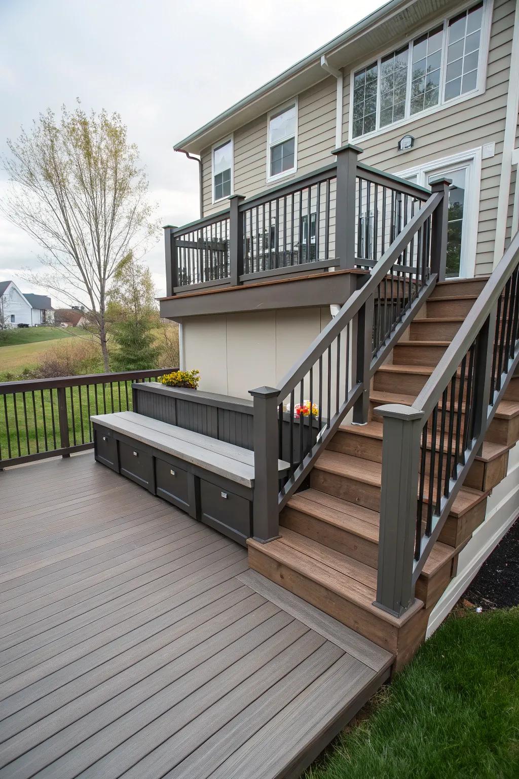 A second-story deck with stairs featuring a convenient built-in bench.
