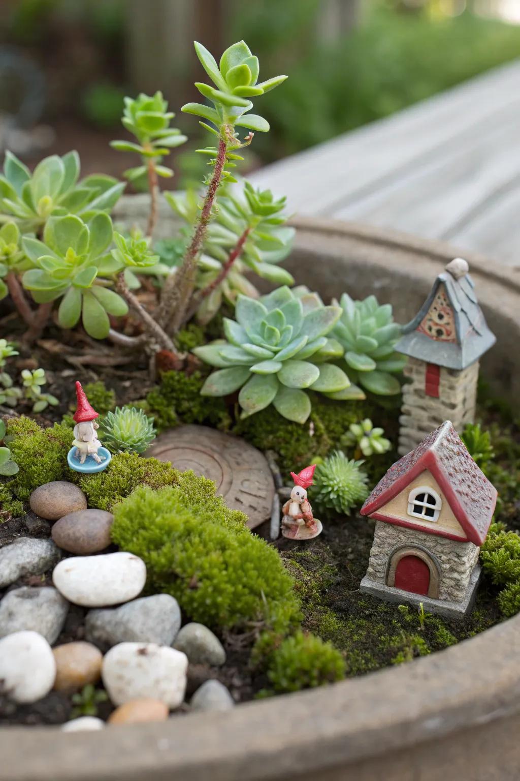A whimsical fairy garden enhanced with sedum.