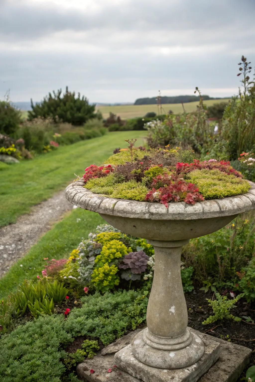 A birdbath sedum planter adds whimsy to any garden.