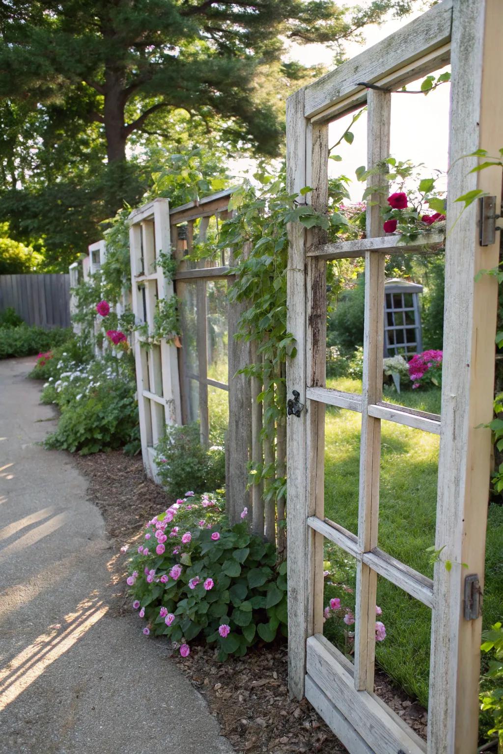 Recycled windows creating a unique and sustainable fence.