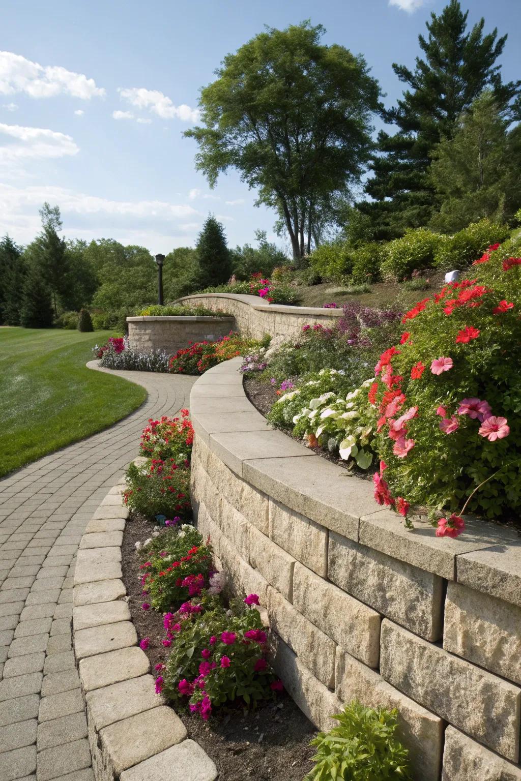 A retaining wall adds structure to a semi-circle flower bed.