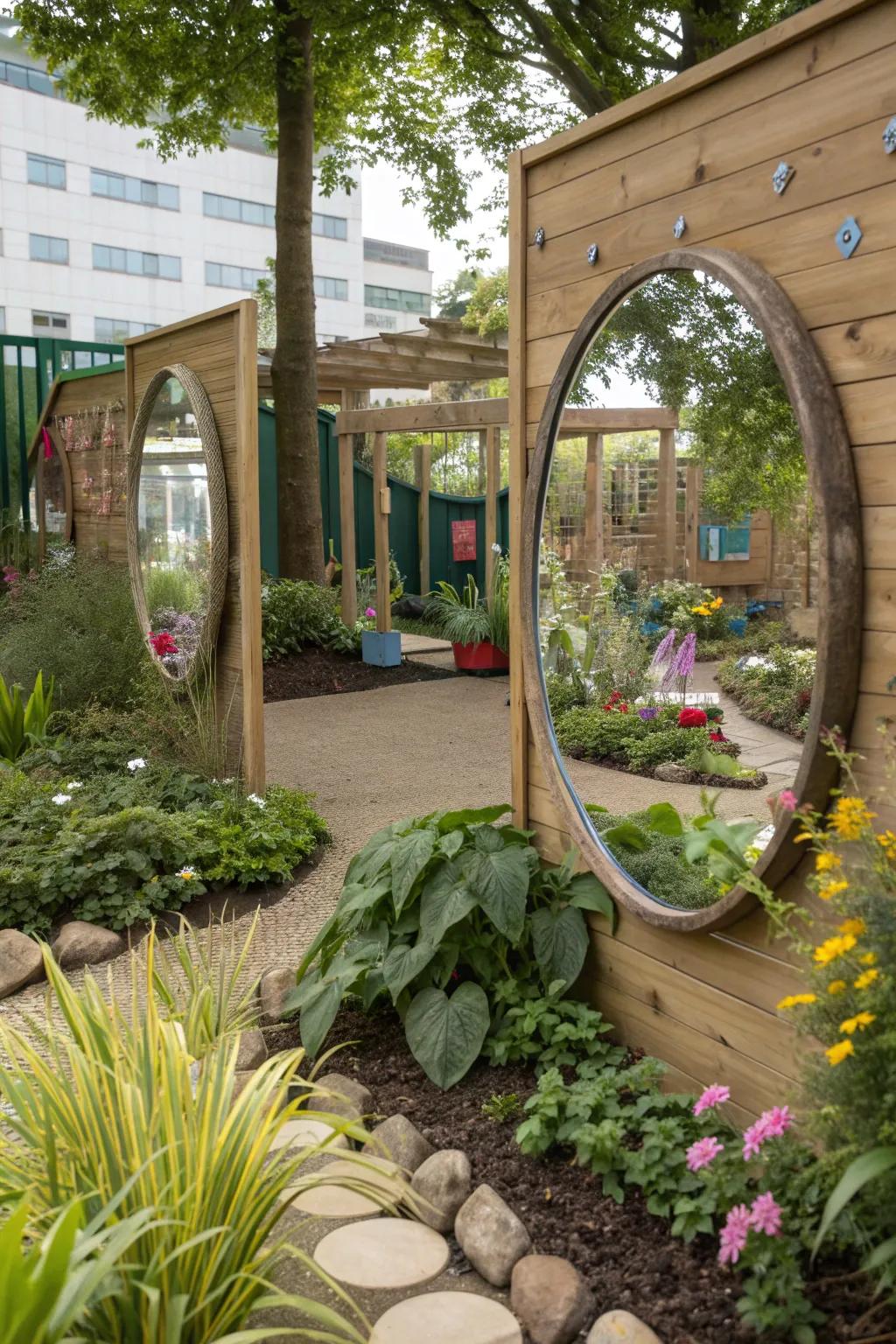 Mirrors add a playful element by reflecting light and garden scenes.