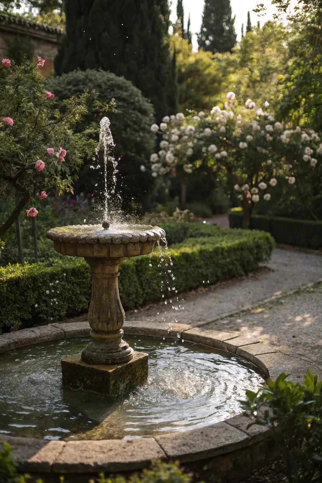 Water features add a serene auditory element.