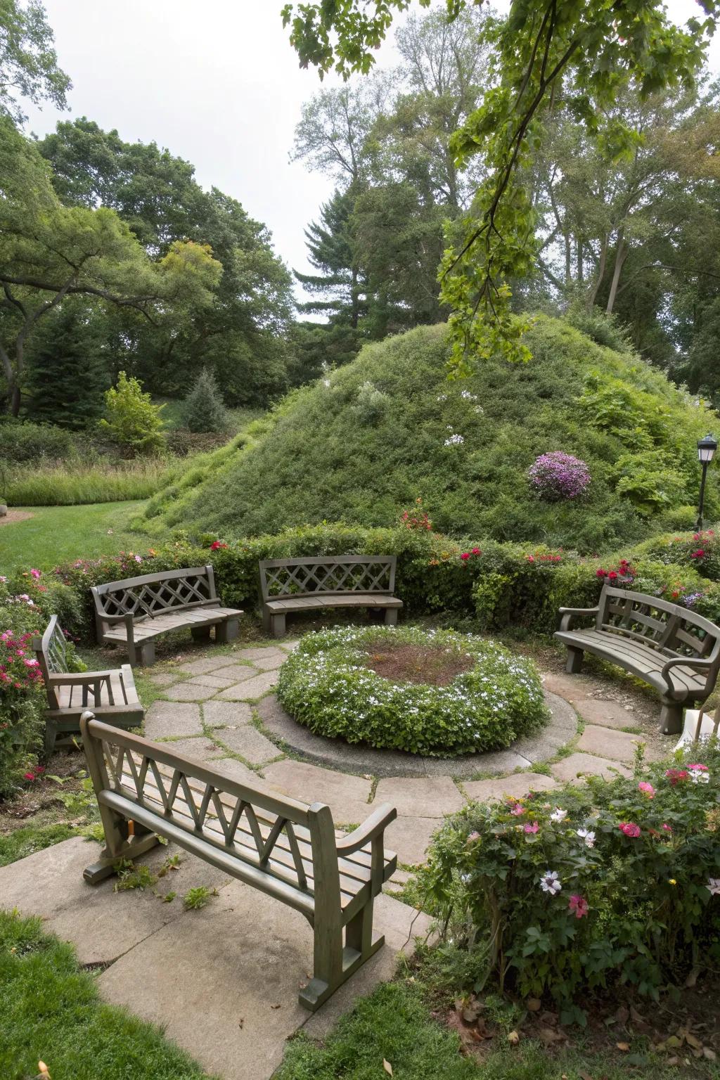 Create inviting seating with decorative benches around your septic mound.