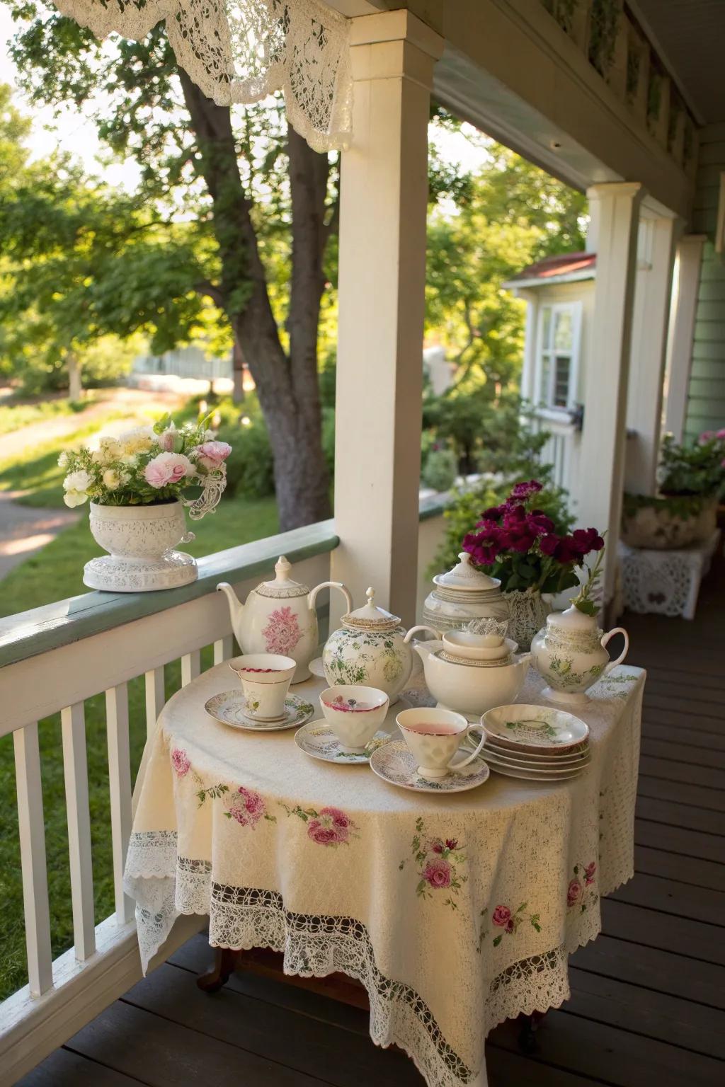 A vintage tea station invites you to relax and enjoy your shabby chic porch.