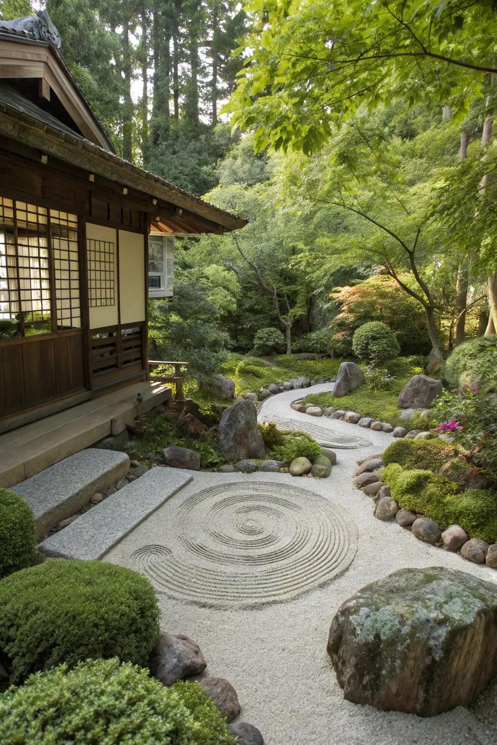 A Zen corner offers peace and meditation in a shade garden.