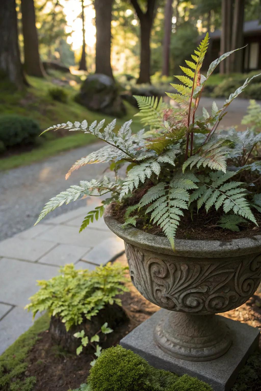 Artful Japanese painted fern adding a unique touch to a shaded garden.