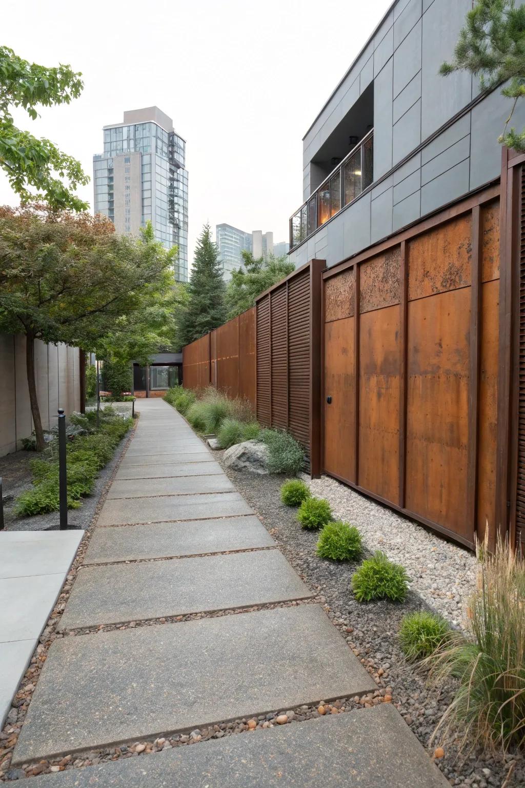 Corten steel panels bring an industrial-chic vibe to shared driveways.