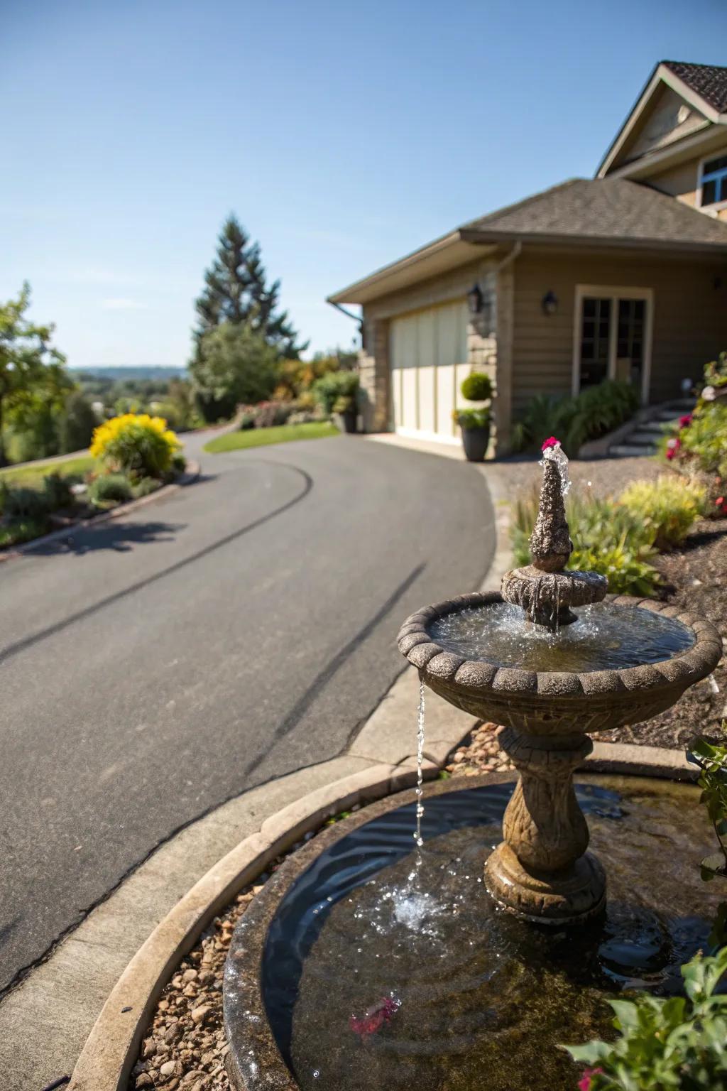 A water feature adds tranquility and charm to a shared driveway.