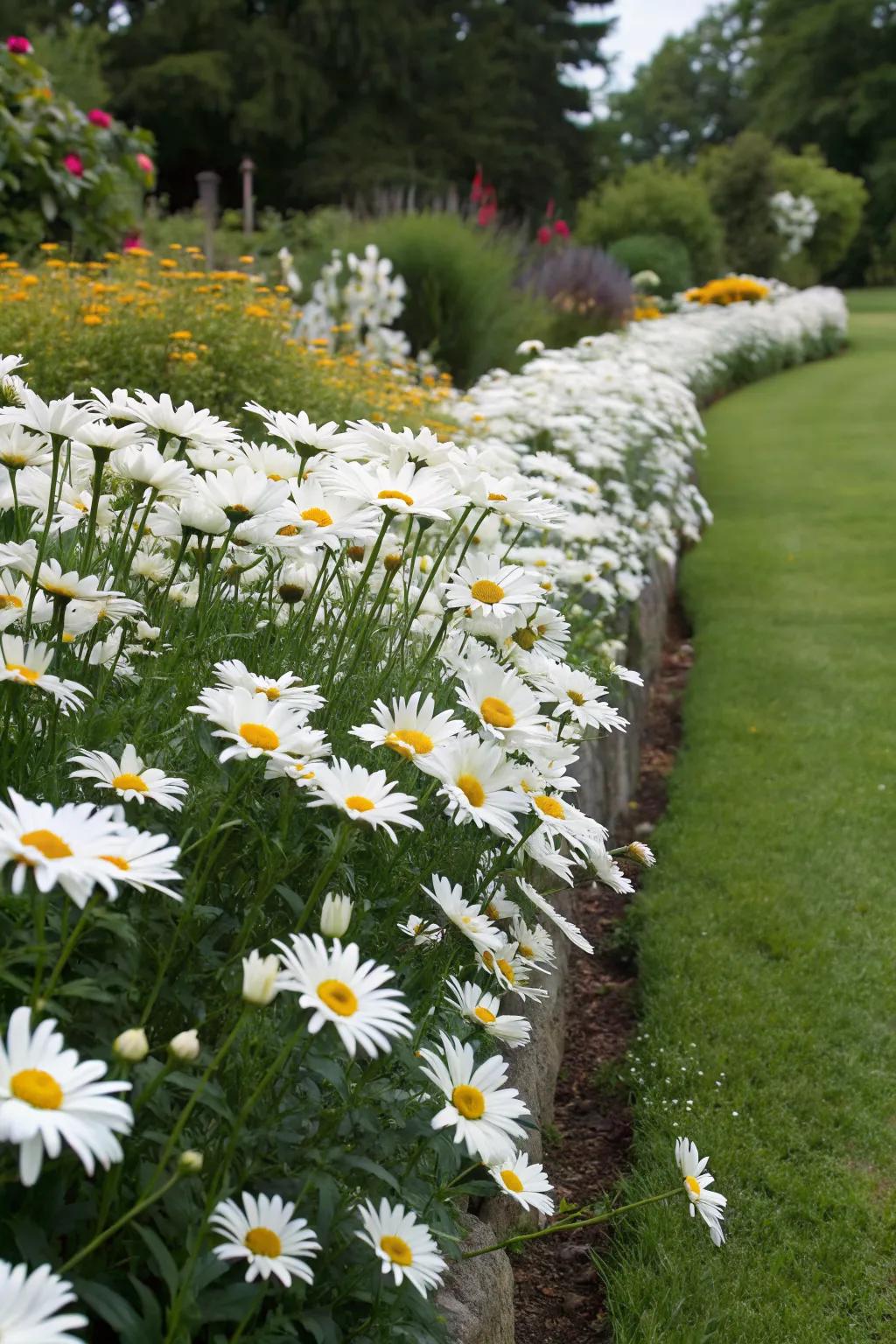 A cheerful border of Shasta daisies framing a garden space.