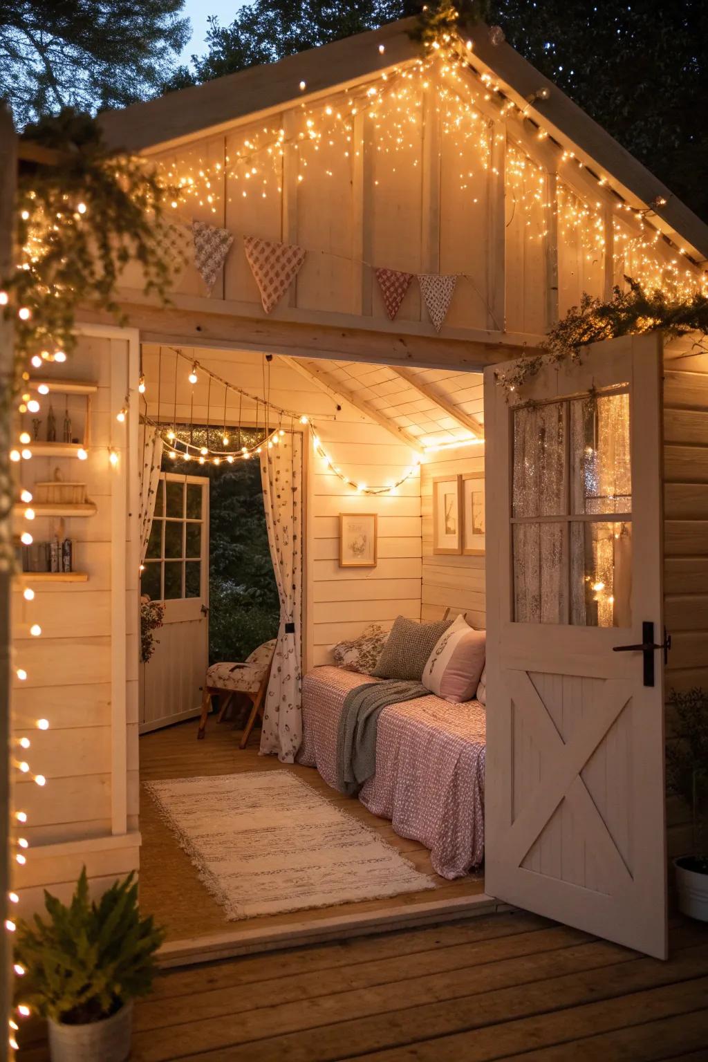An enchanting she shed with whimsical fairy lights.