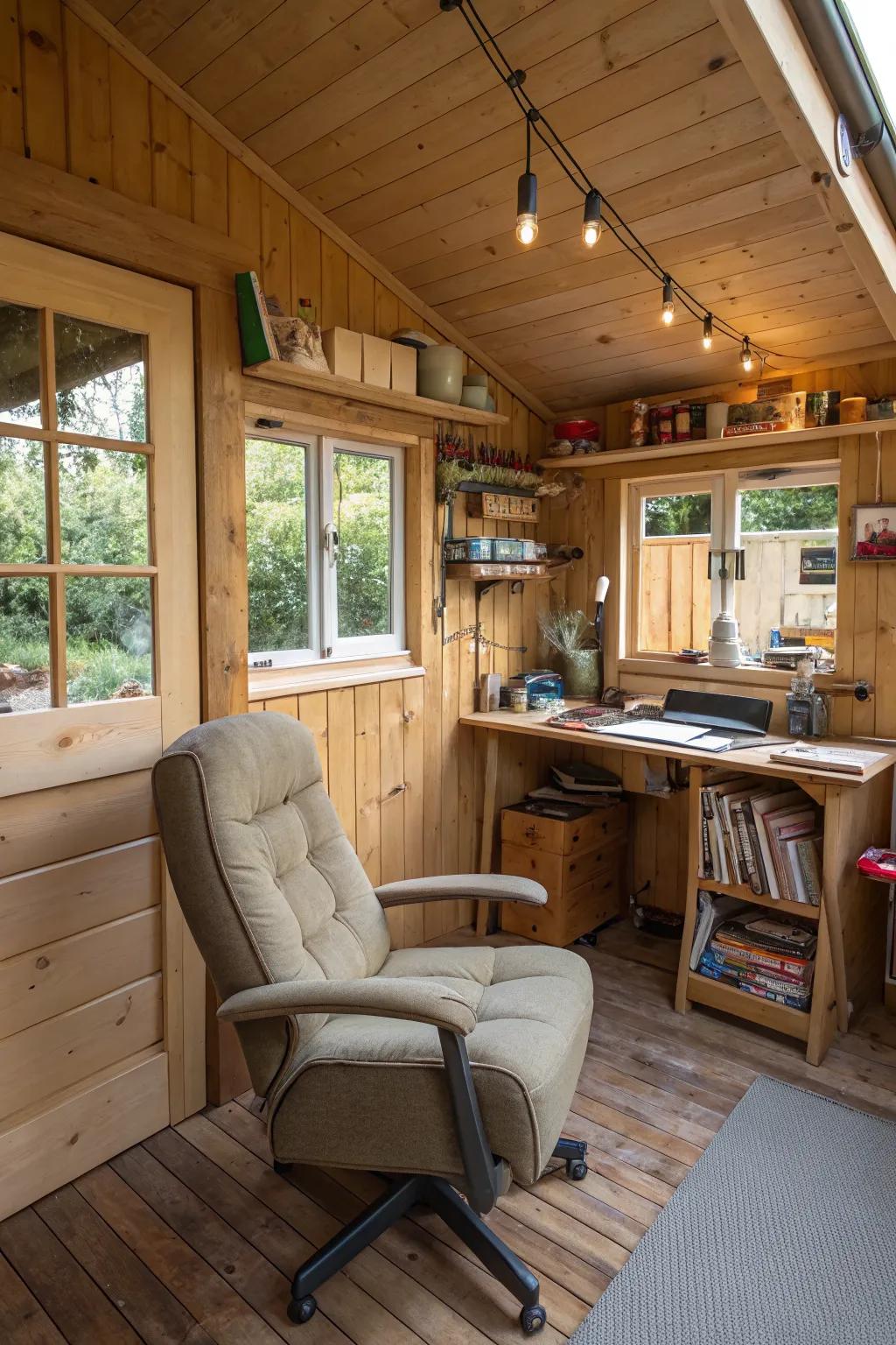 A cozy Grandpa Pod retreat in a shed cabin
