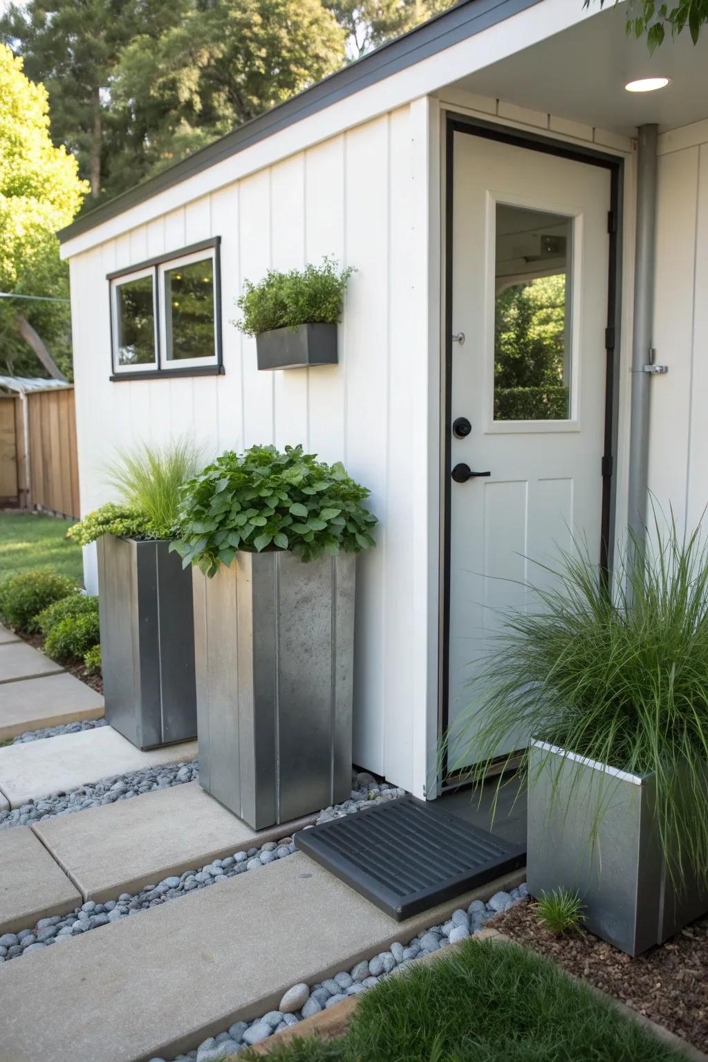Metal accents that give your shed entrance a contemporary edge.