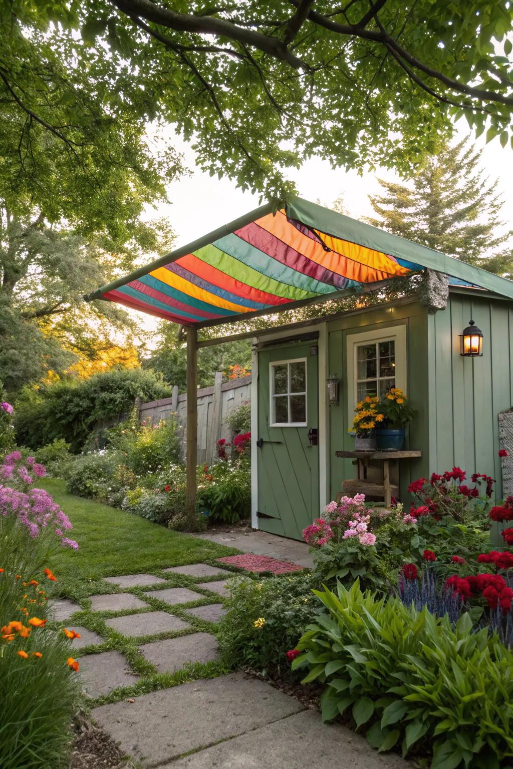 A colorful canopy overhang that adds a cheerful touch to your shed.