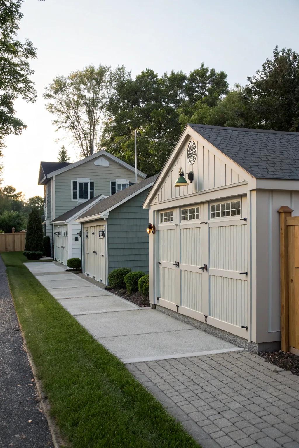 A shed harmoniously aligned with surrounding structures.