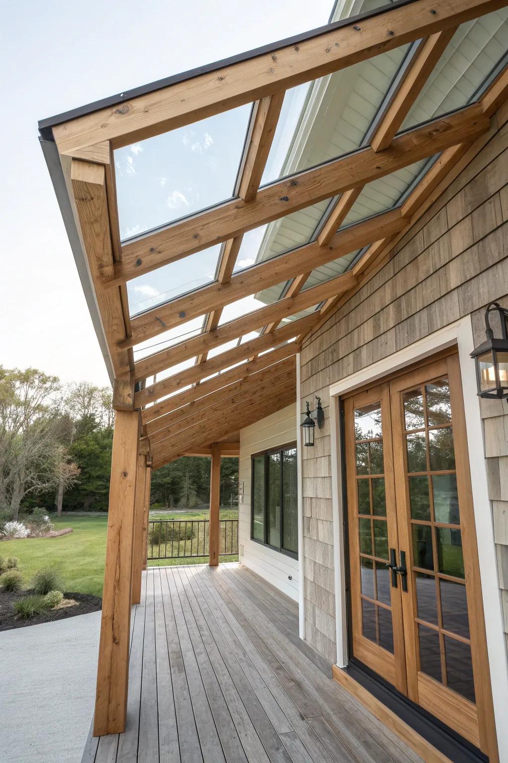 Shed porch roof with a combination of wood and glass materials.