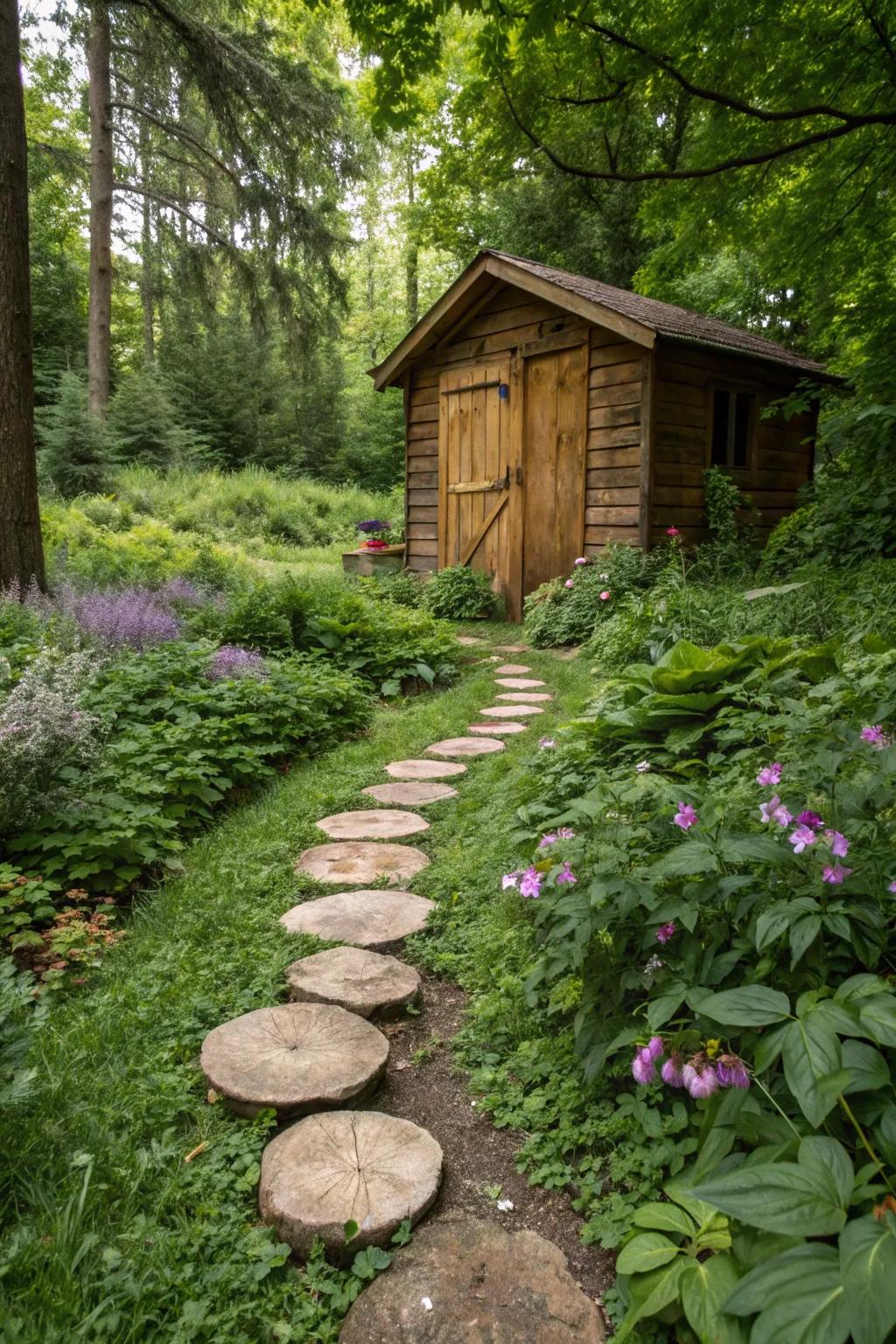 Log slices create a charming, rustic path to your shed.