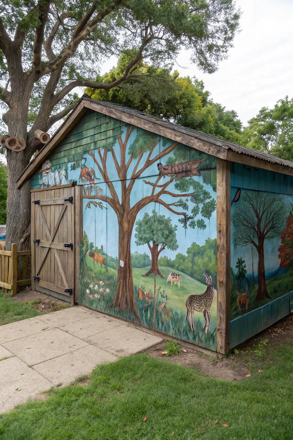 Nature-inspired murals bring the outdoors into a shed.