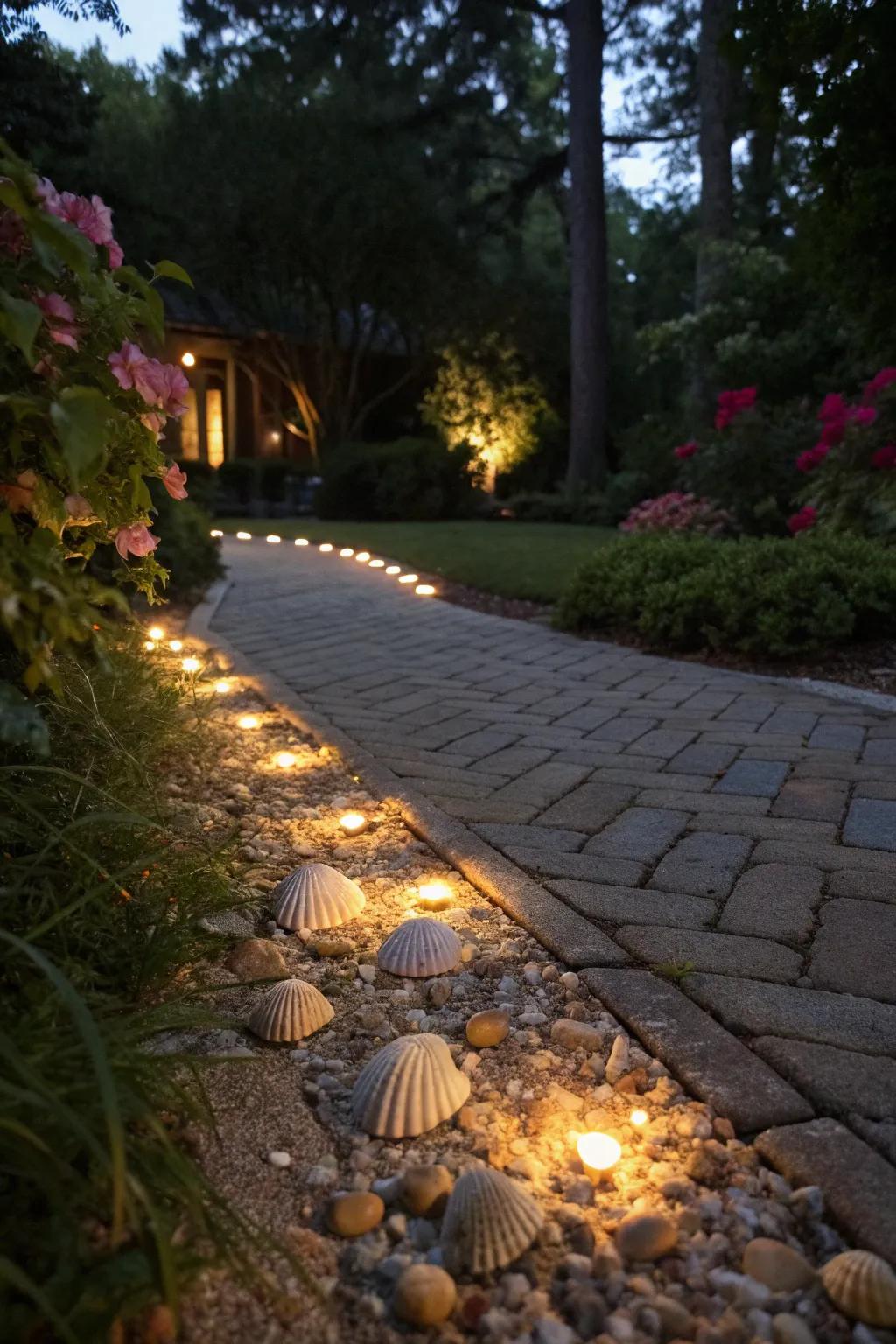 Subtle lighting transforms your shell driveway into a magical path after dark.