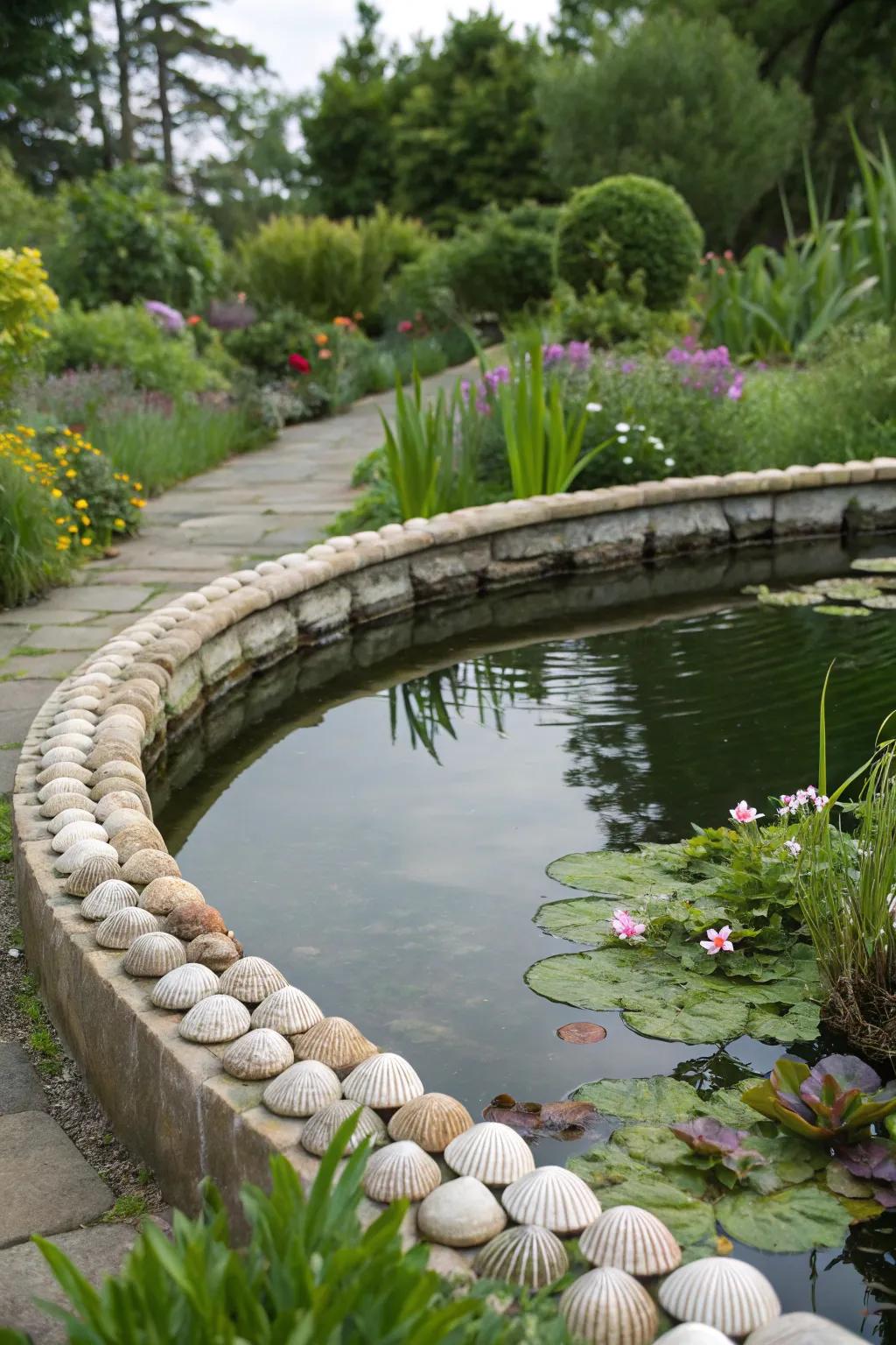 Create continuity with shell-lined garden pond edges.