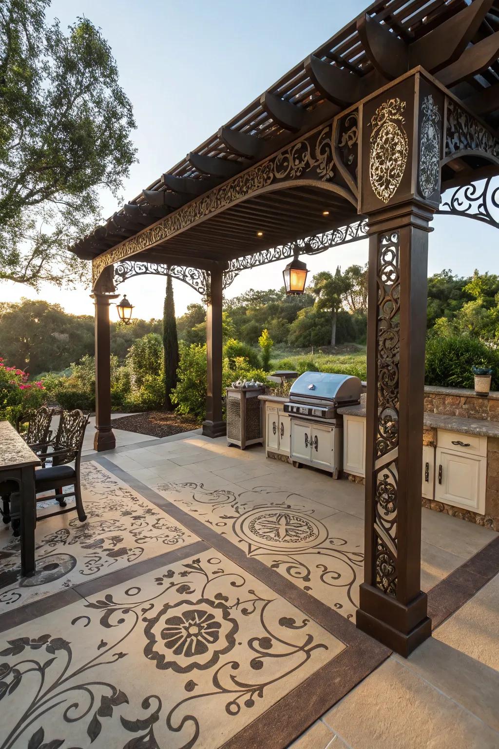 An artistic pergola elevates the aesthetic of your BBQ area.