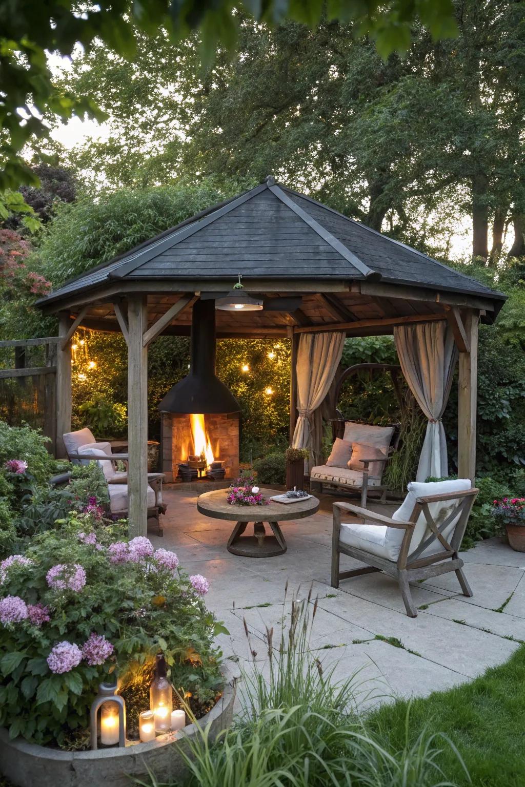 A fire pit shelter warms up garden evenings.