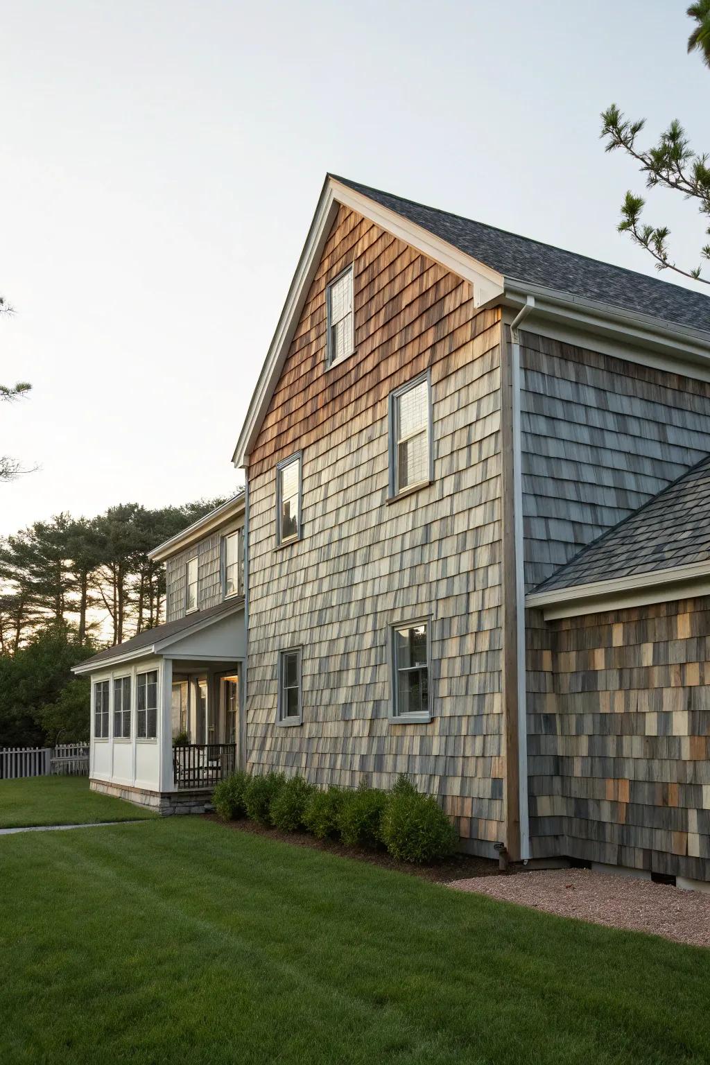 Artistic flair with multi-toned shingles.