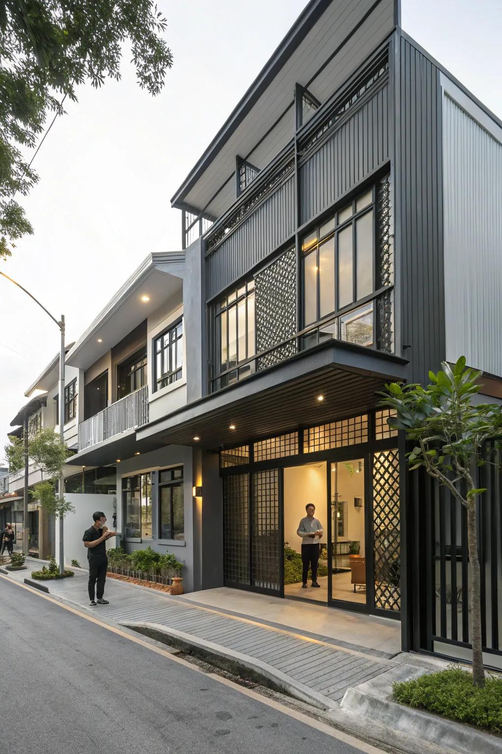 Metal accents add modern sophistication to shop house designs