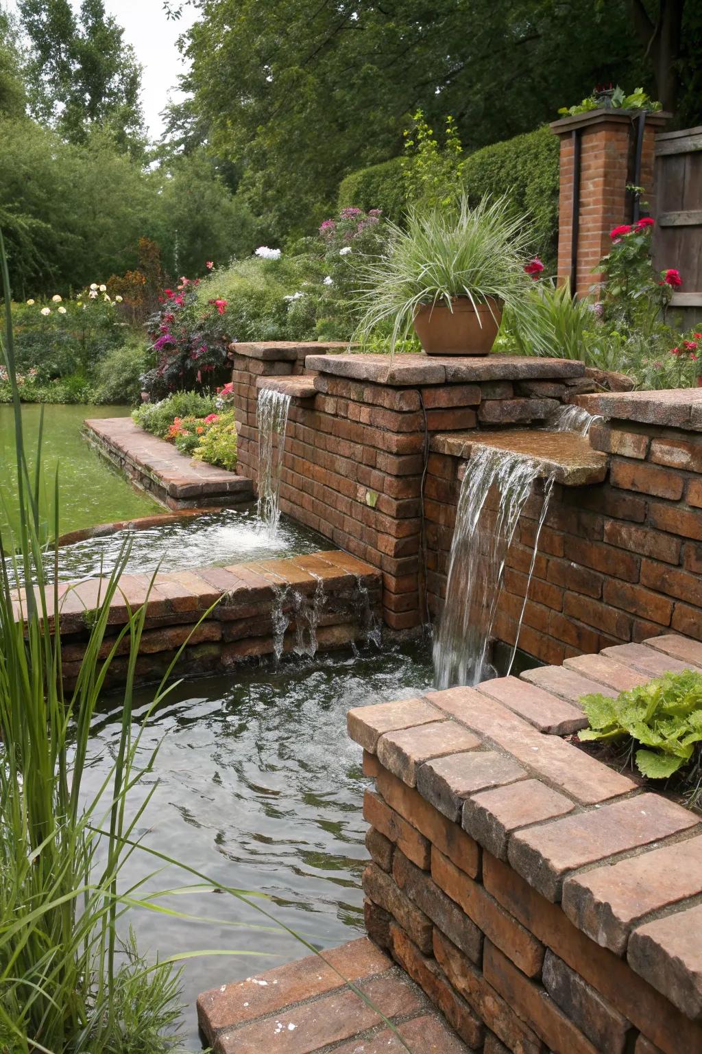 Add tranquility with a brick-accented water feature.