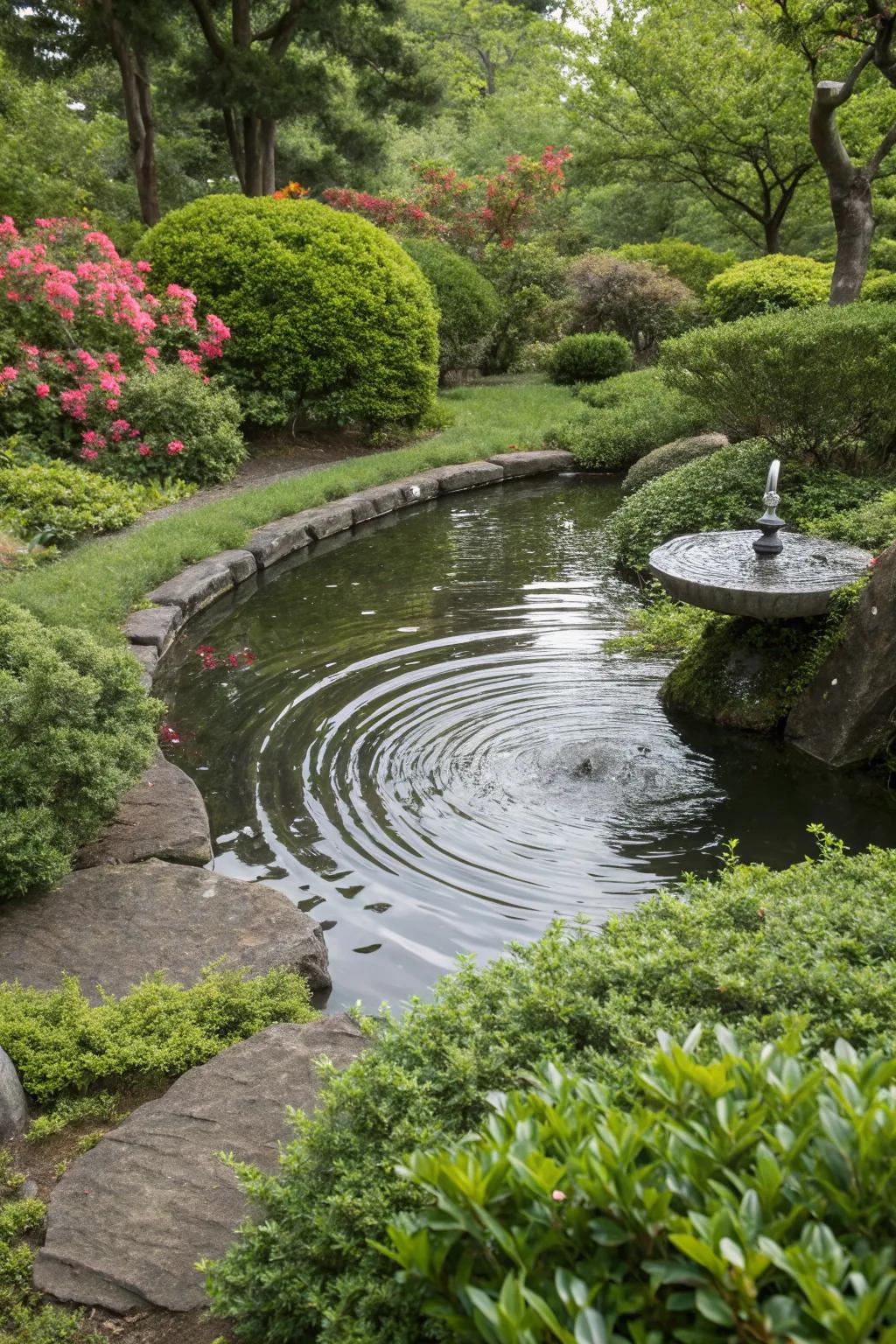 A tranquil water feature encircled by green shrubs.