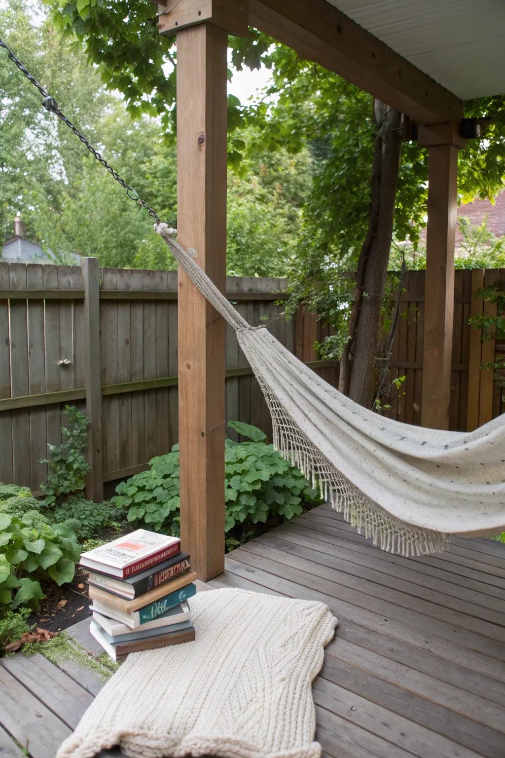 A hammock offers a perfect spot for relaxation on your side deck.