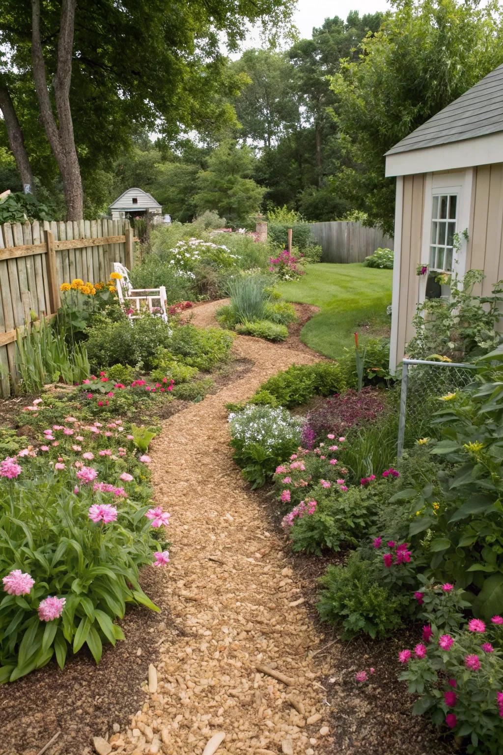 Natural mulch pathways blend seamlessly with outdoor surroundings.