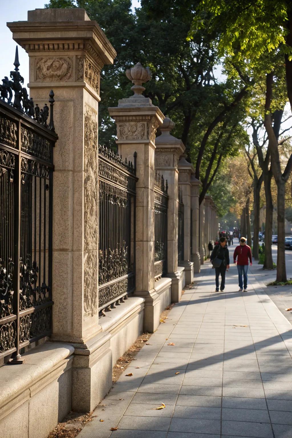 Stone and iron together make a durable and stylish fence.