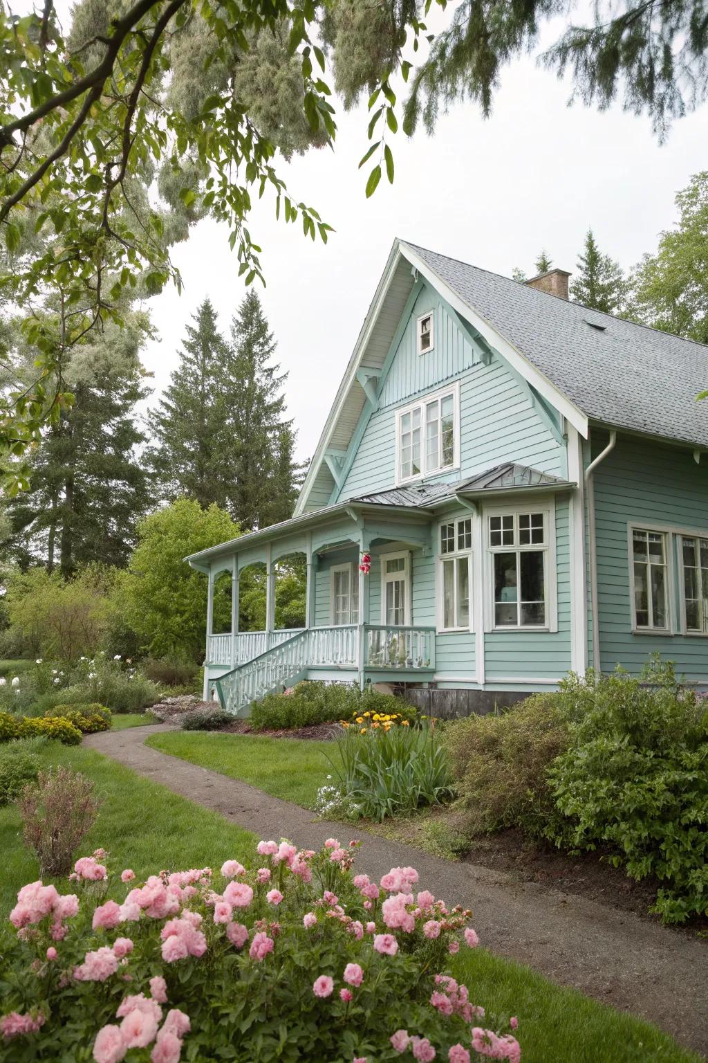 Light blue siding with gray trim offers a serene and soothing vibe.