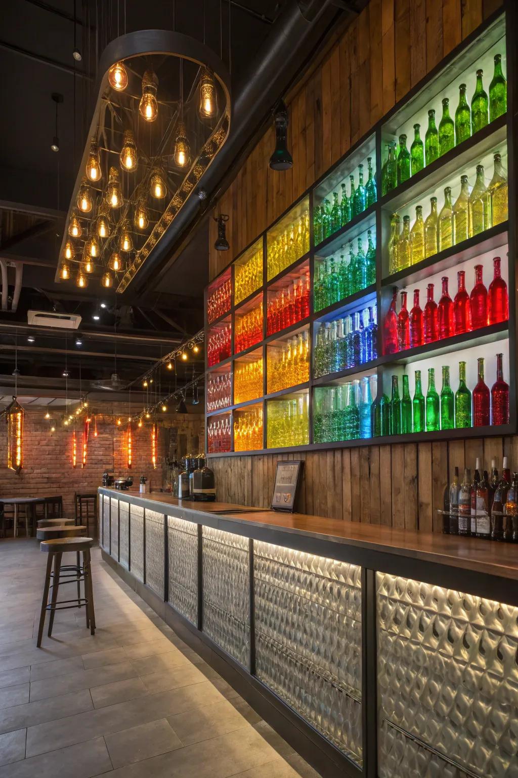 A vibrant bottle wall adding character to a silo bar.