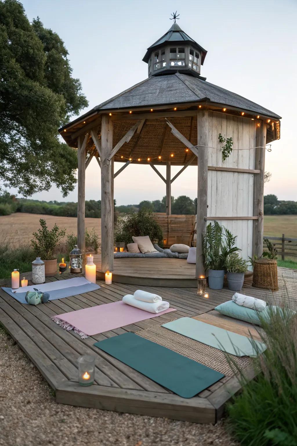 A serene meditation and yoga retreat in a silo gazebo.