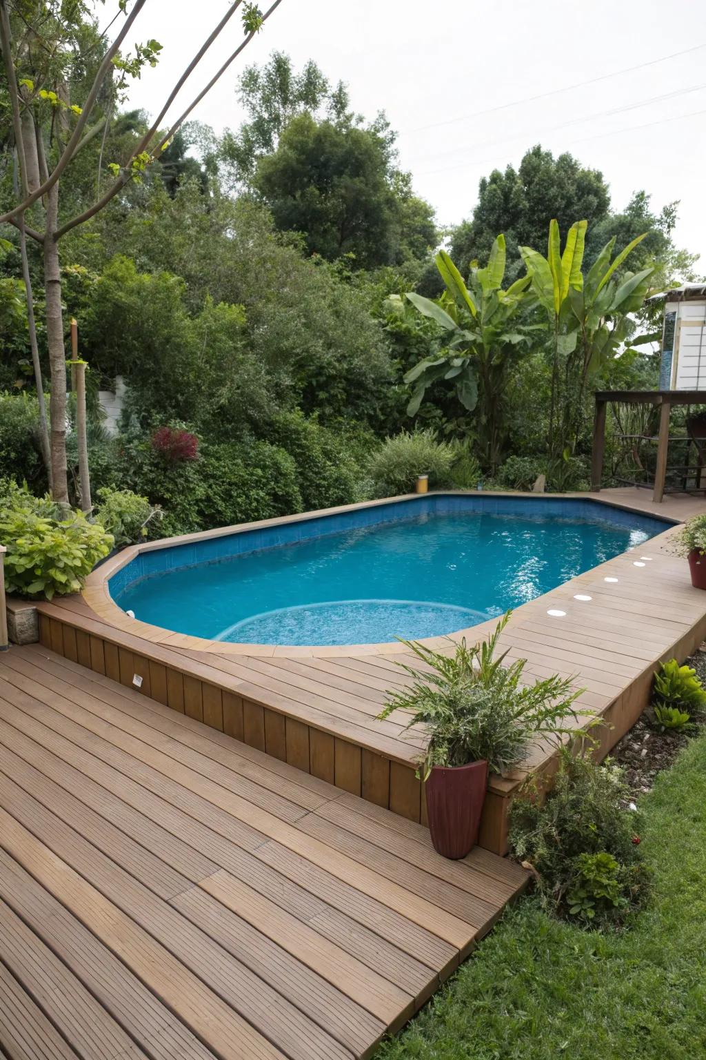 An eco-friendly pool deck using sustainable materials.