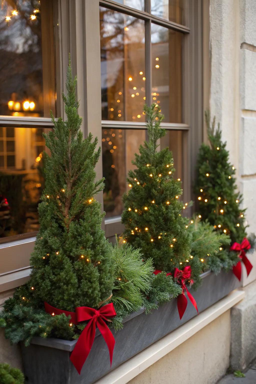 Miniature evergreens offer a whimsical touch to holiday window boxes.