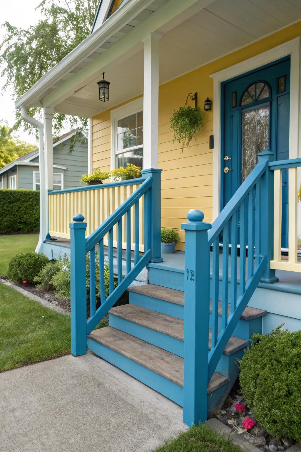 Freshly painted porch railings enhancing the home’s entrance.